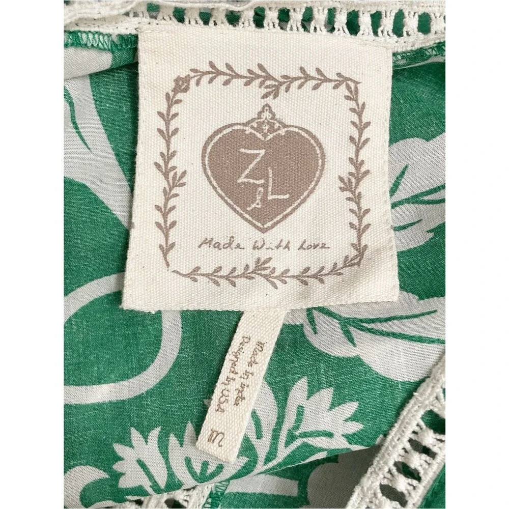 Z&L Europe Green White Floral Print Boho Mini Dress Tassel Tie Cotton Sz Medium